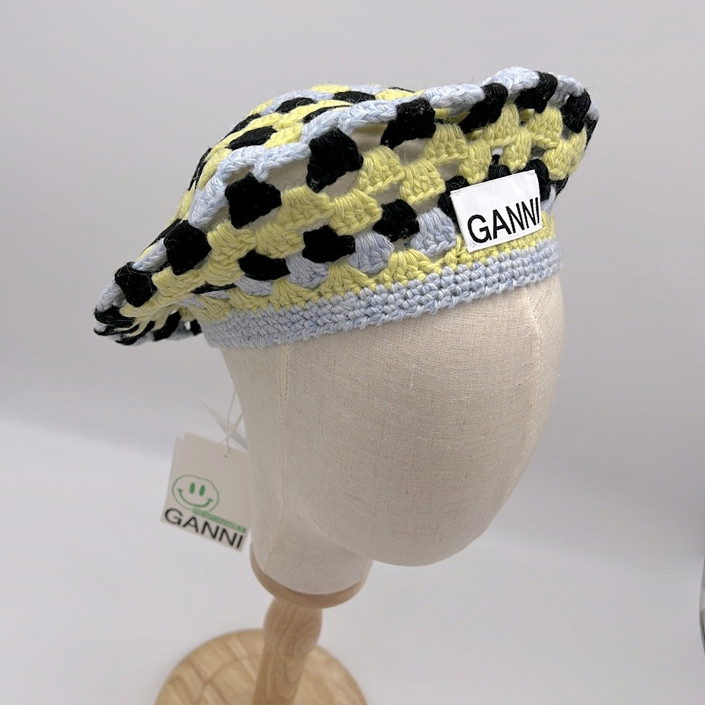 Ganni Recycled Wool Crochet Beret Hat Style A4210 Black Grey Yellow